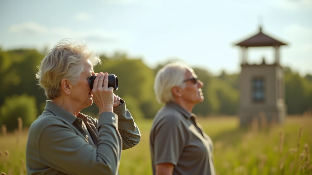 Seniori novēro putnus ar binokļiem dabā