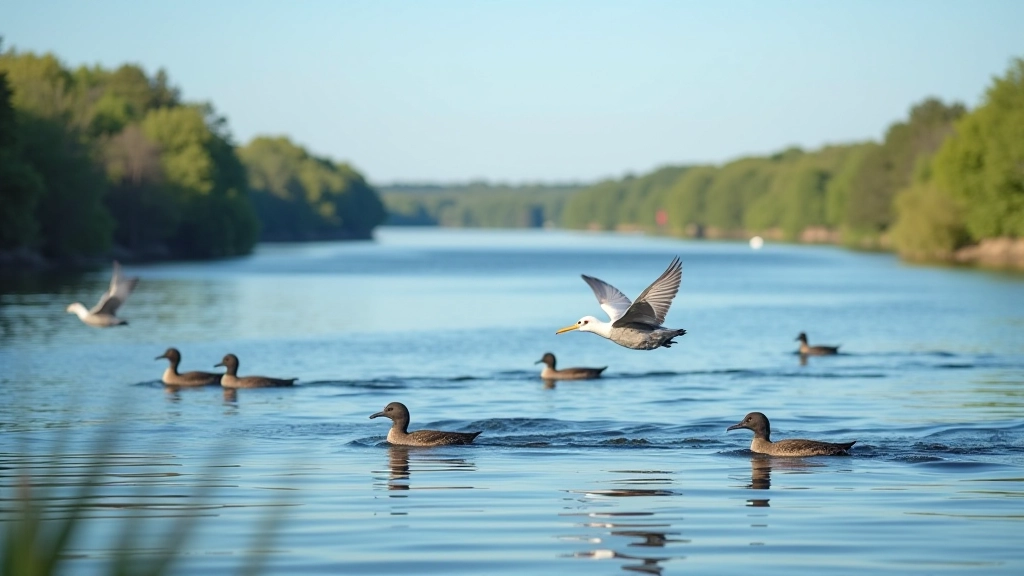 Salaspils dambis Daugavas labajā krastā, ūdens virsma ar putniem, meži fona attālumā