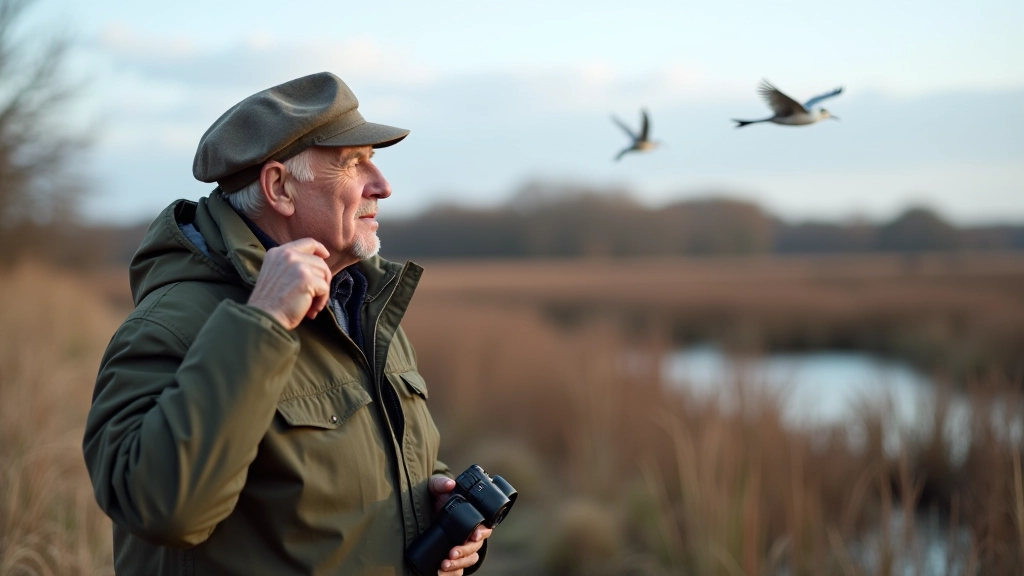 Birdwatcher with binoculars observing birds in natural wetland landscape, Latvia, clear day, sharp focus