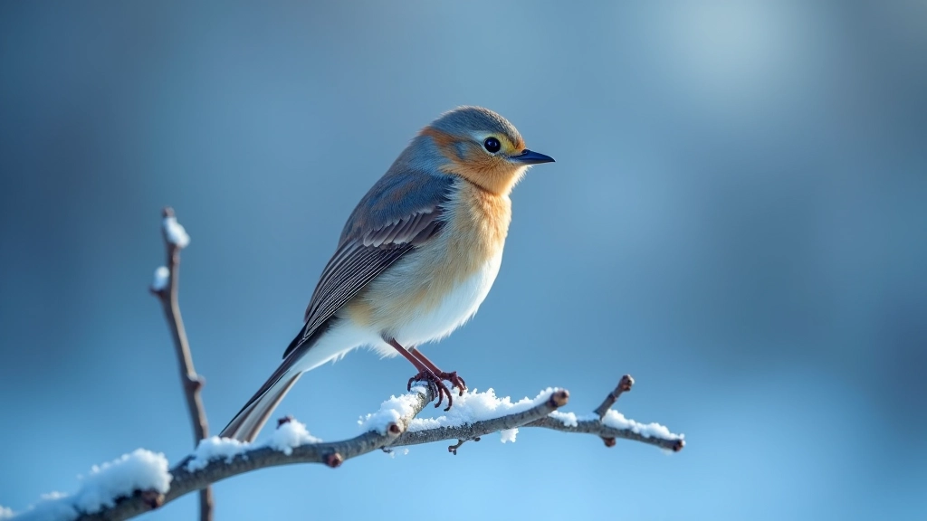 Sniega pūslas ar mūžīgo putnu, kas sēž uz nagi, bāls ziemas fons
